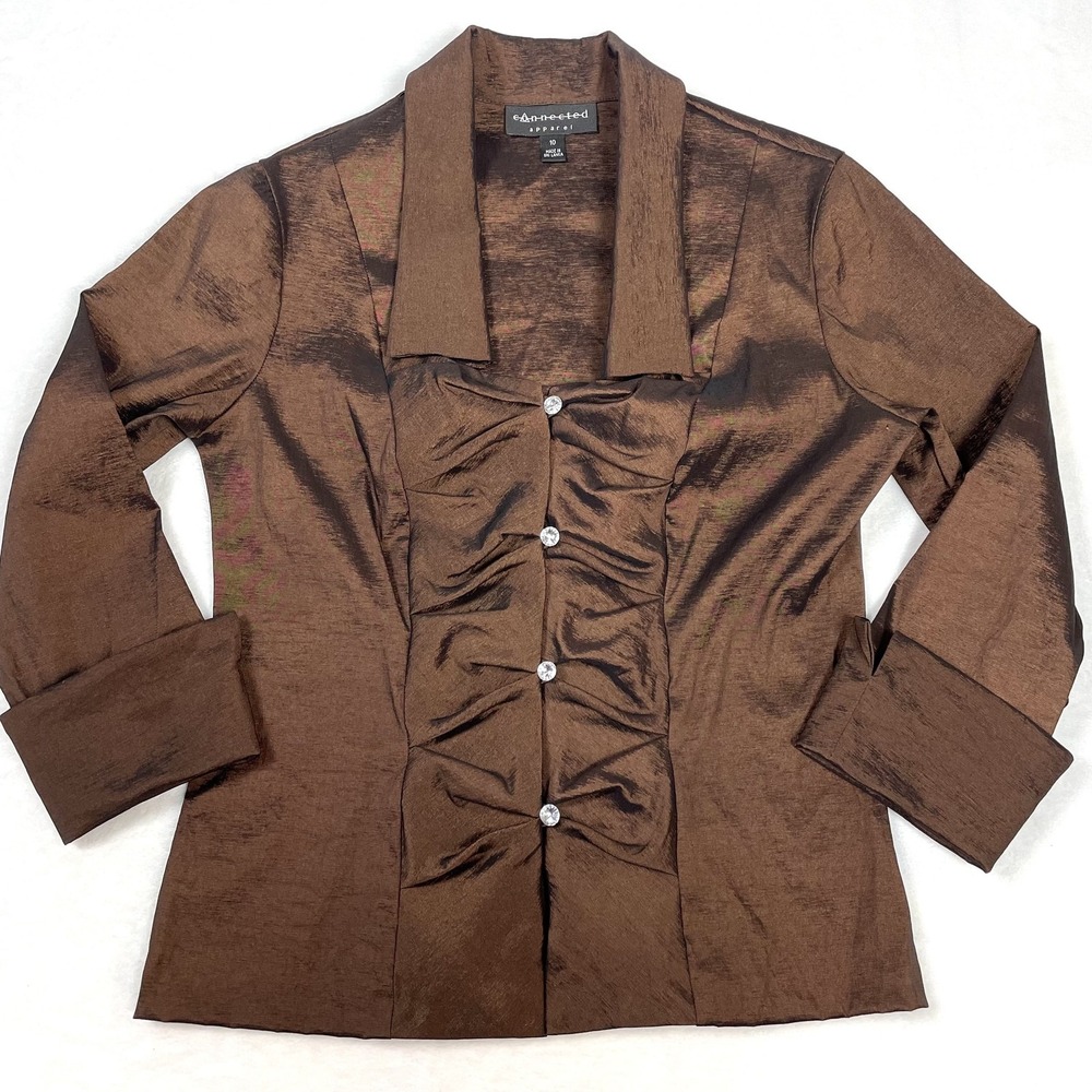 VTG Y2K Connected Apparel Organza Rhinestone Button Chocolate Brown Blouse 10
